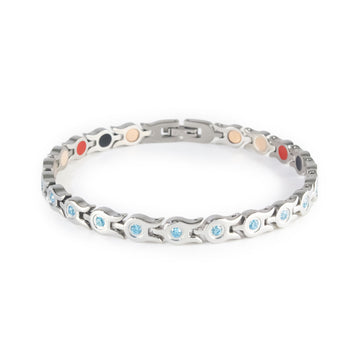 Whisper stainless steel bracelet with light blue crystals clasped front view.